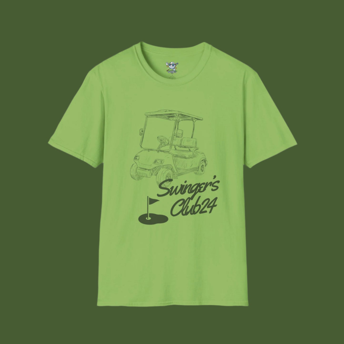 Green t-shirt with golf cart graphic and 'Swinger's Club24' text on a dark green background
