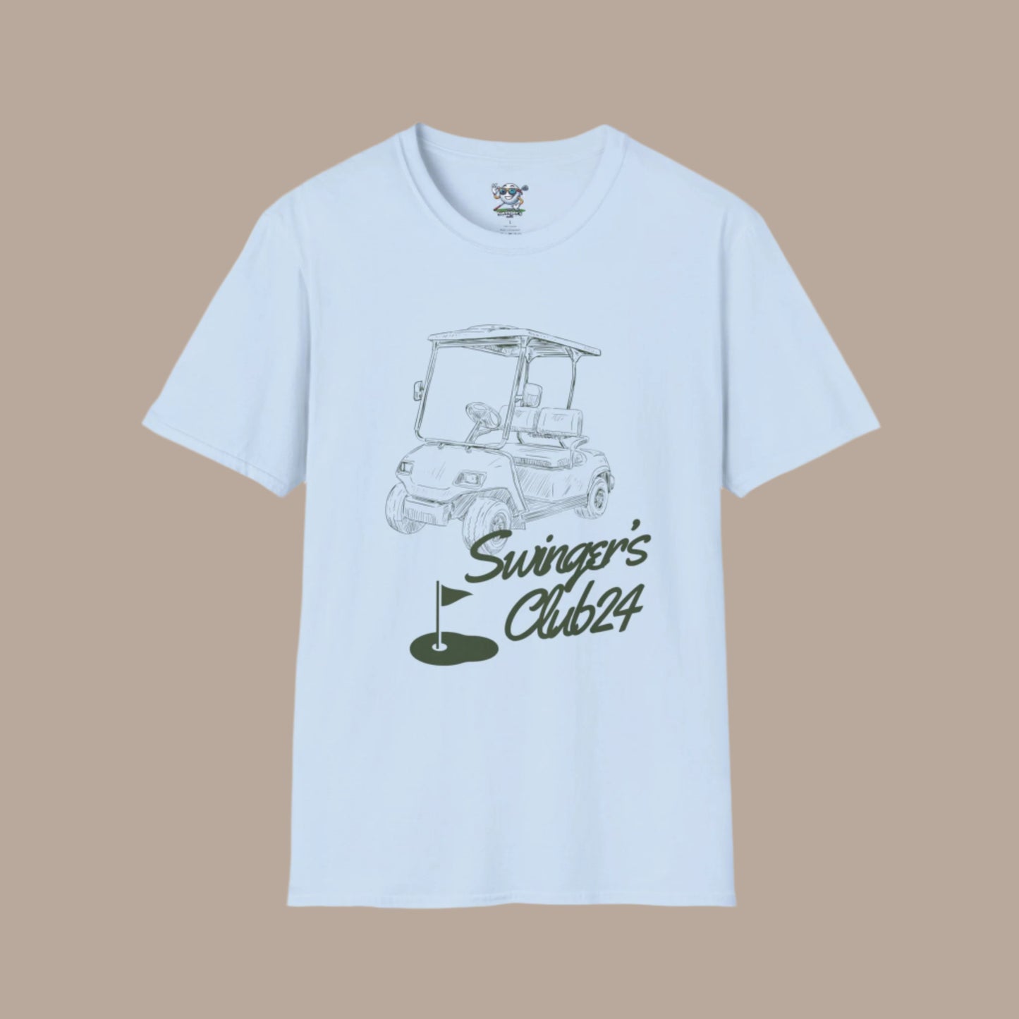 Light blue t-shirt with a golf cart graphic and 'Swinger's Club24' text on a tan background