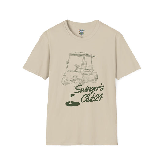 Beige t-shirt with golf cart graphic and 'Swinger's Club24' text on a white background