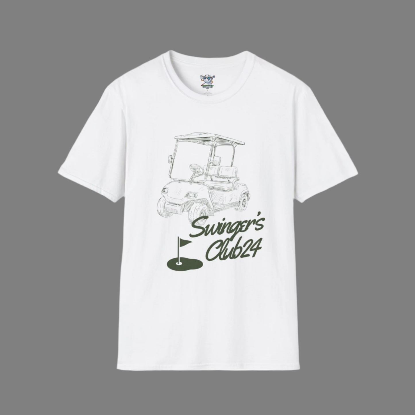 White t-shirt with golf cart graphic and 'Swinger's Club24' text on a dark gray background