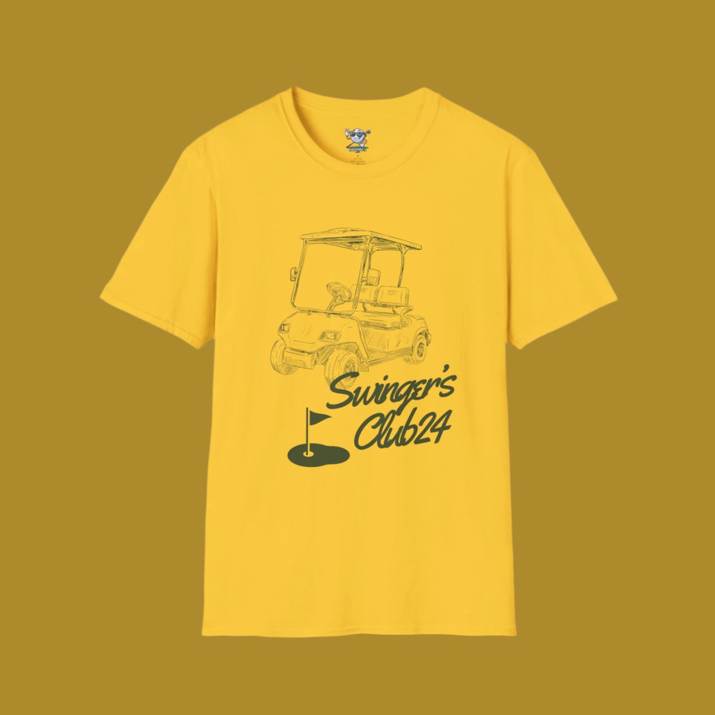 Yellow t-shirt with a golf cart graphic and 'Swinger's Club24' text on a brown background