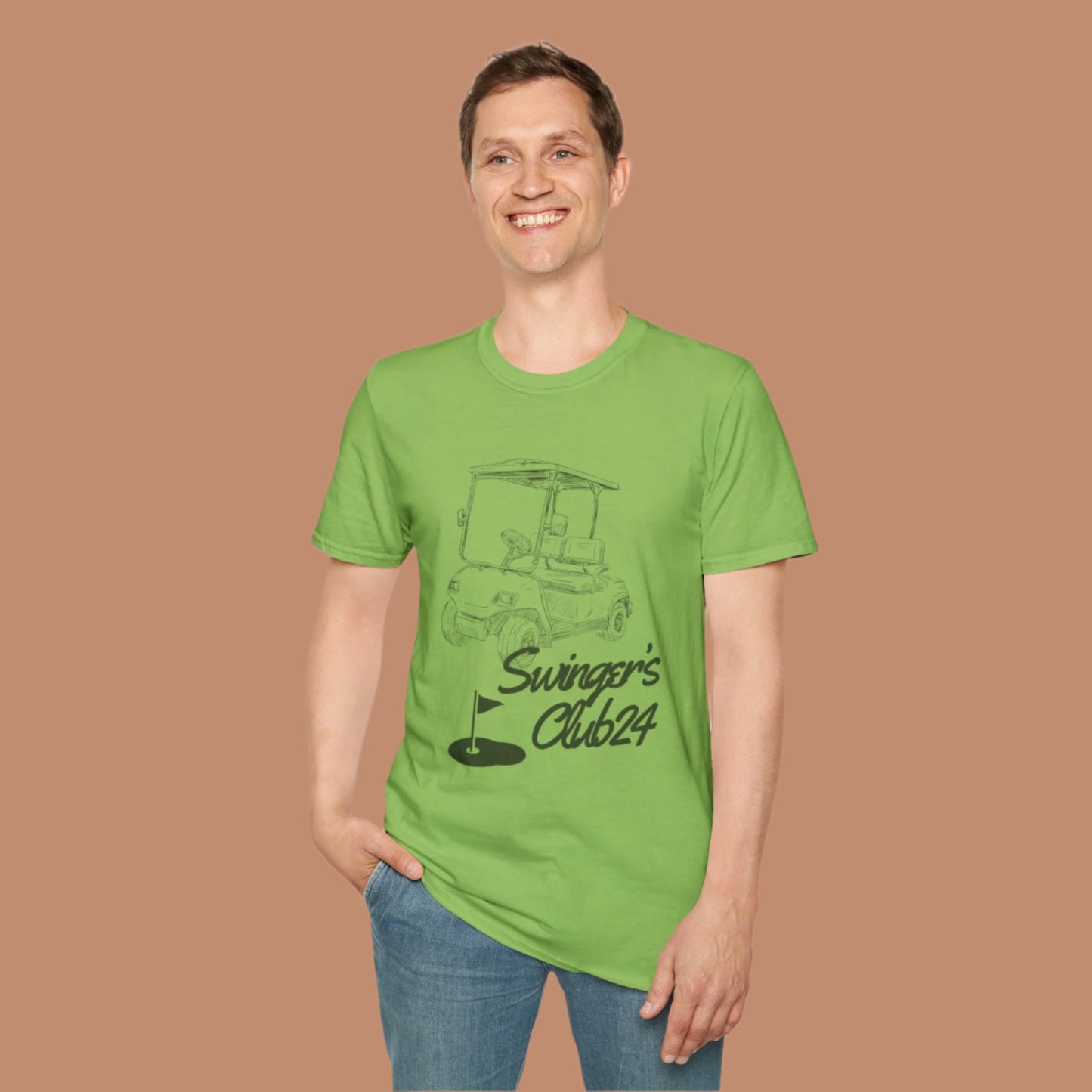 Male model wearing a green Swinger's Club 24 Golf Shirt with a beige background
