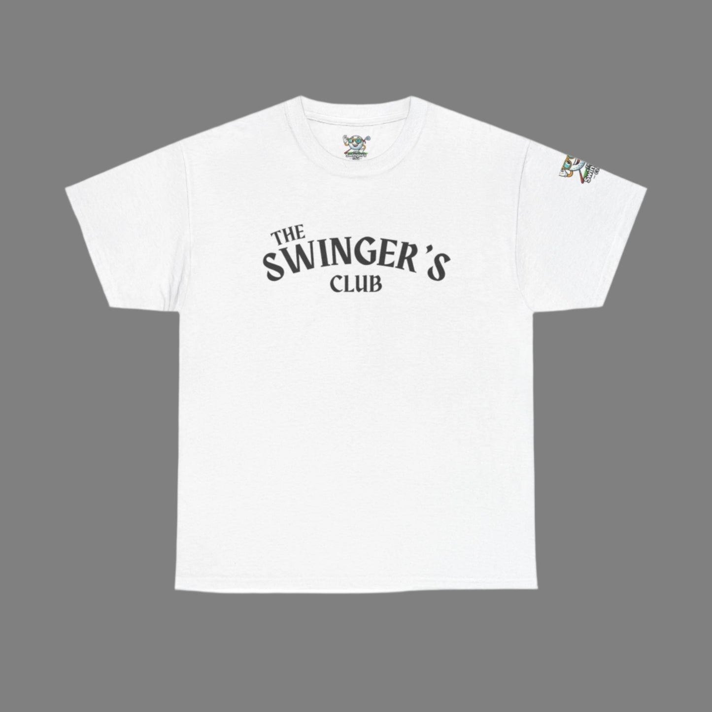White golf shirt with The Swinger's Club on the front