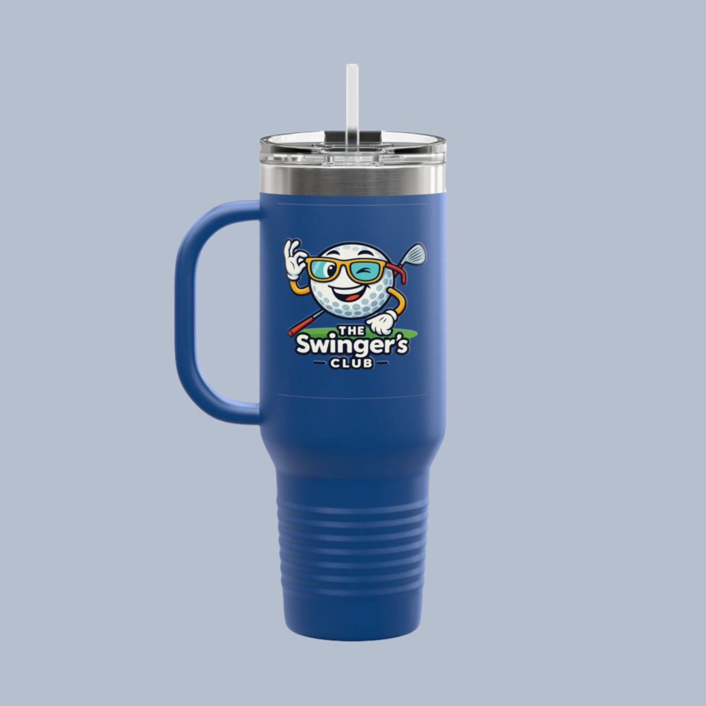 Blue mug with handle featuring 'The Swinger's Club' logo on a light blue background