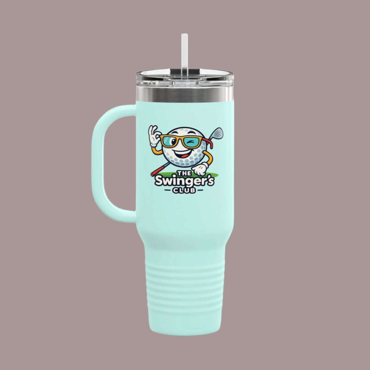 Light blue mug with a cartoon golf ball character and 'The Swingers Club' logo on a tan background.