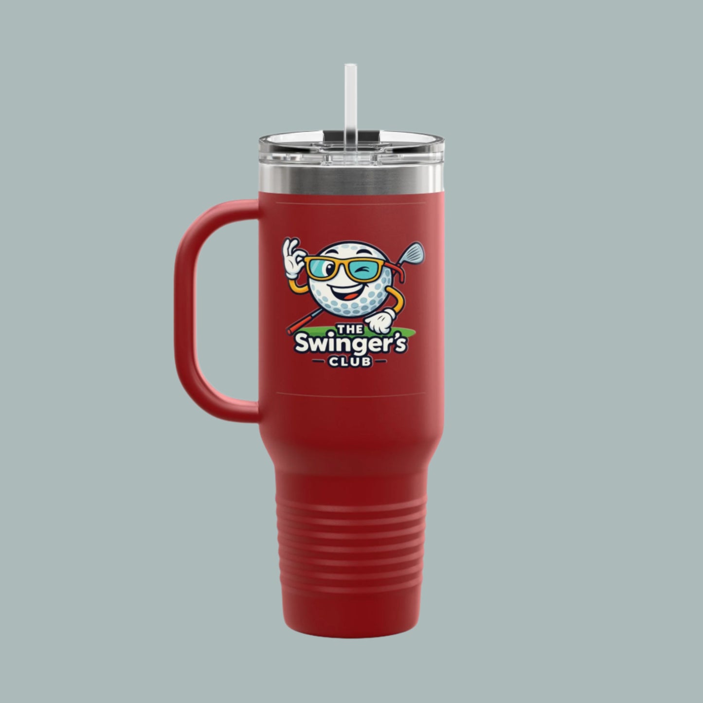 Red mug with a handle featuring 'The Swinger's Club' logo on a gray background