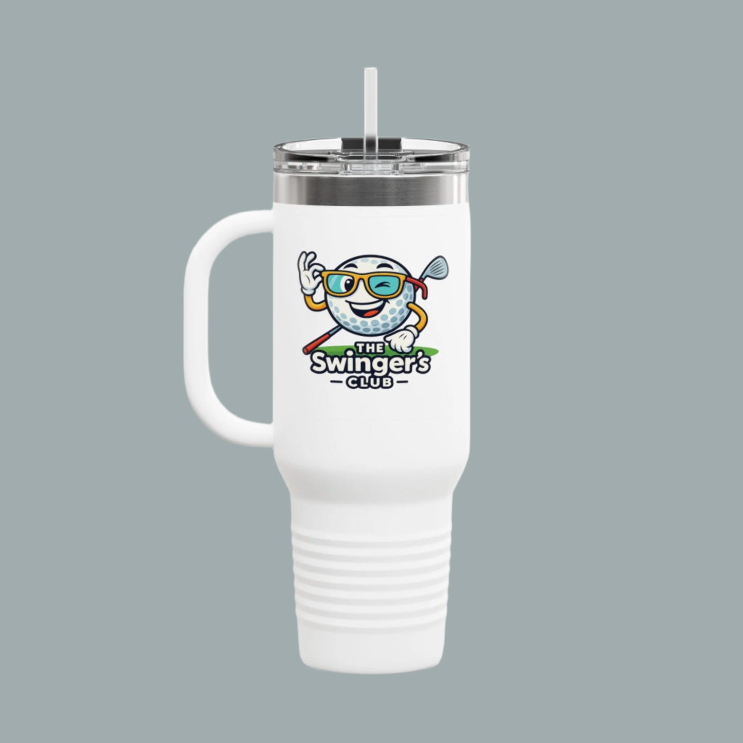 White tumbler with a handle featuring a cartoon golf ball character and 'The Swinger's Club' logo on a white background.