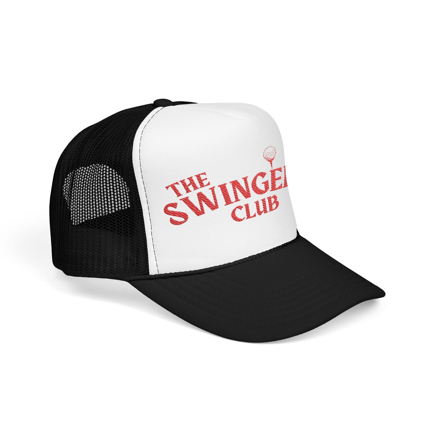 Black foam trucker hat with the text "The Swinger's Club" on the front. Side angle.