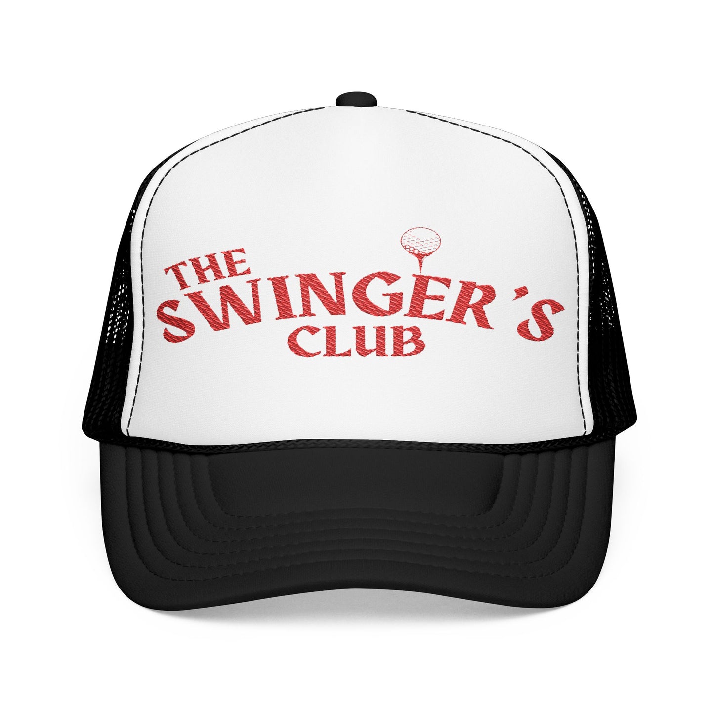 Black foam trucker hat with the text "The Swinger's Club" on the front.