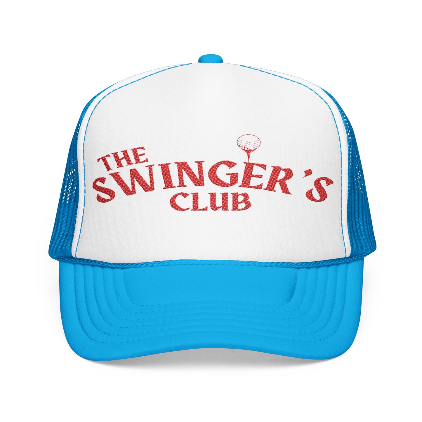 Blue foam trucker hat with the text "The Swinger's Club" on the front. Side angle