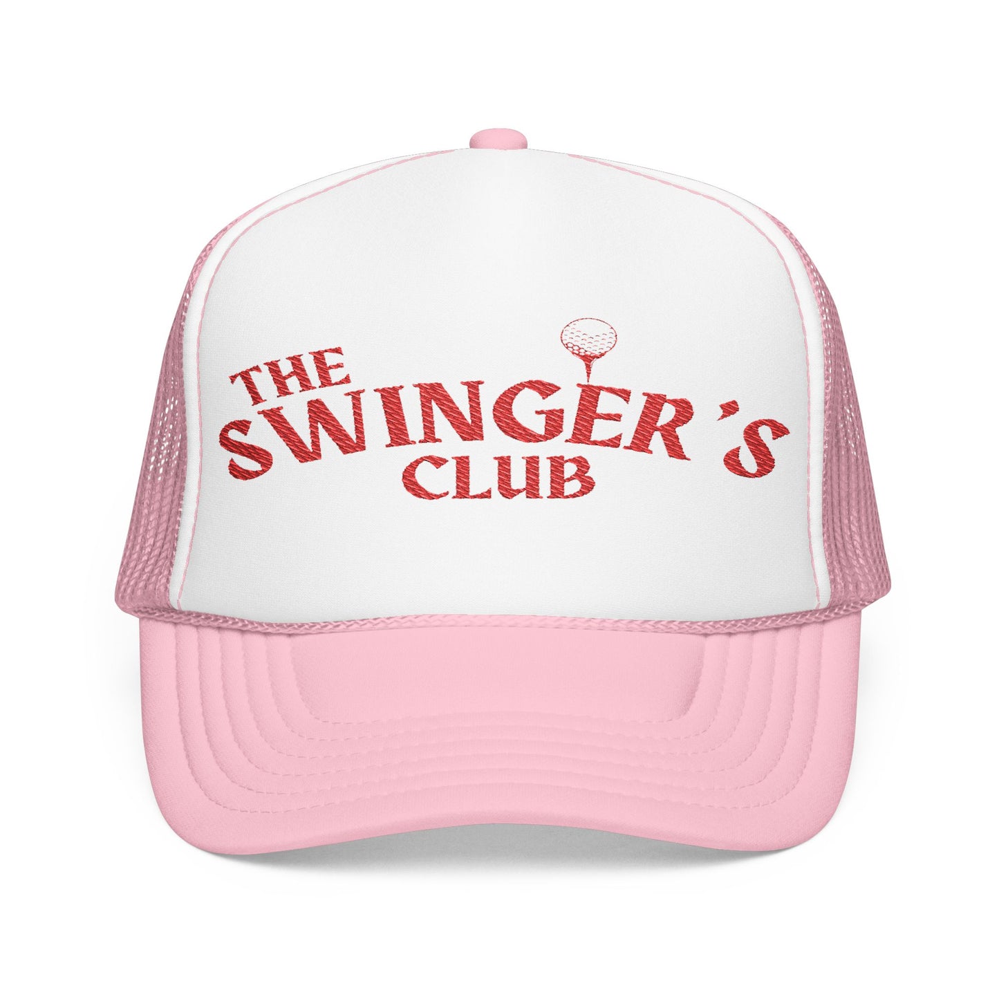 Pink foam trucker hat with the text "The Swinger's Club" on the front. Side angle