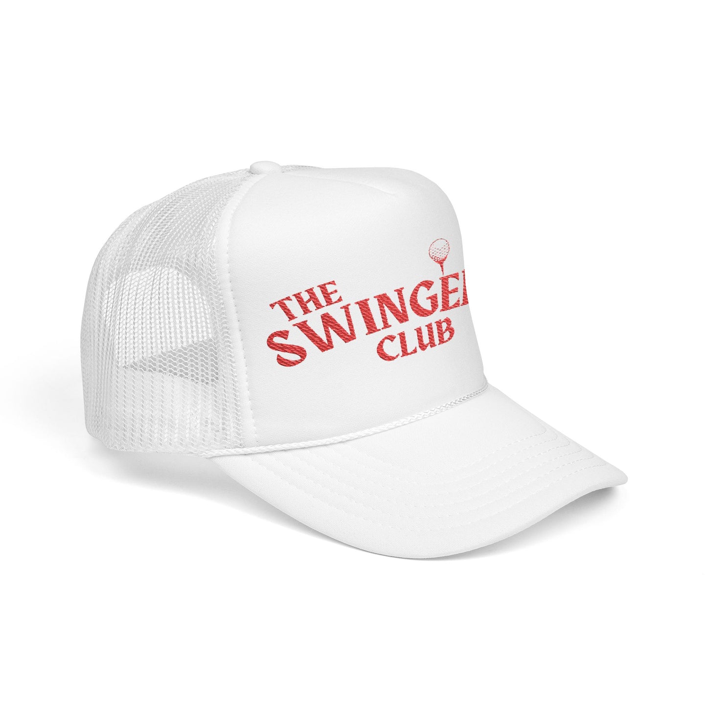 White foam trucker hat with the text "The Swinger's Club" on the front. Side angle