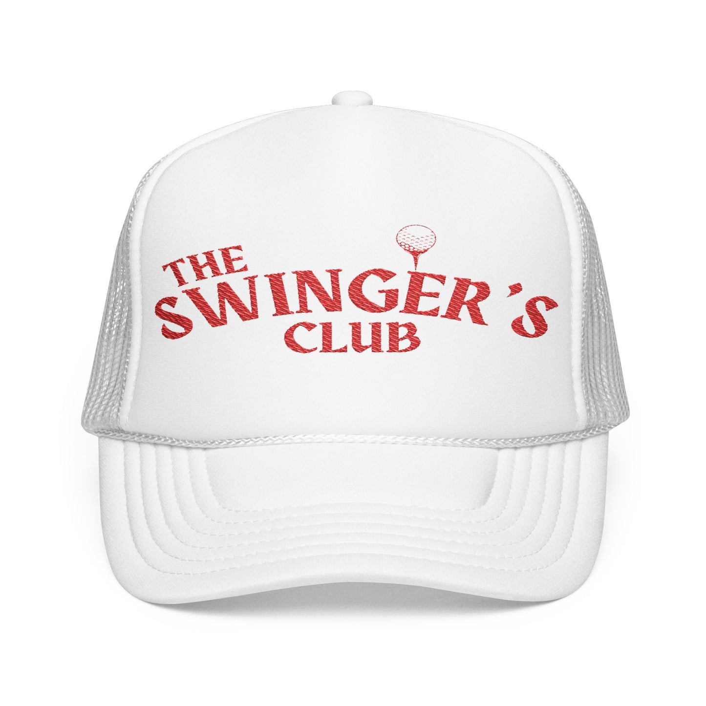 White foam trucker hat with the text "The Swinger's Club" on the front.