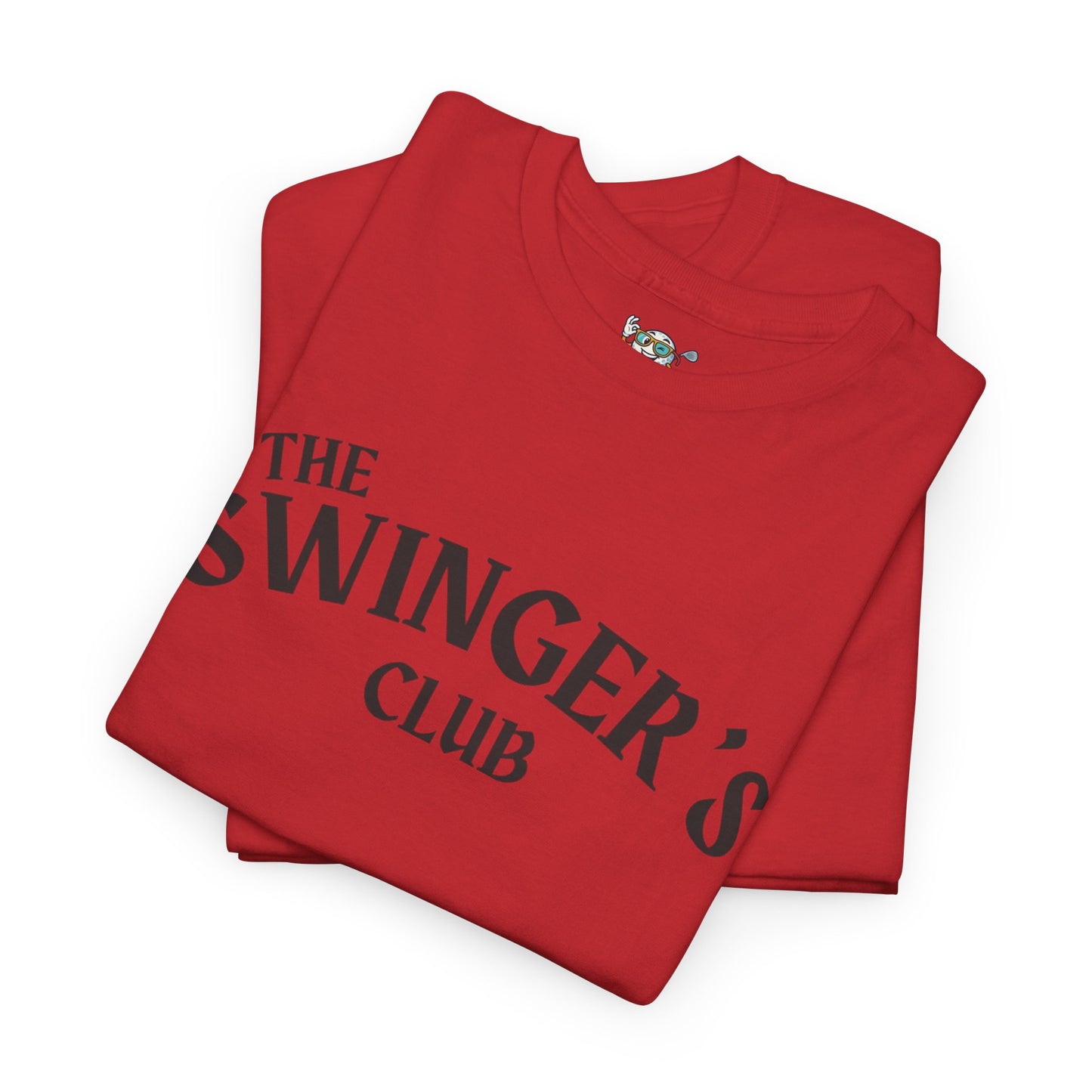 Folded red sweatshirt with 'The Swinger's Club' text on a white background