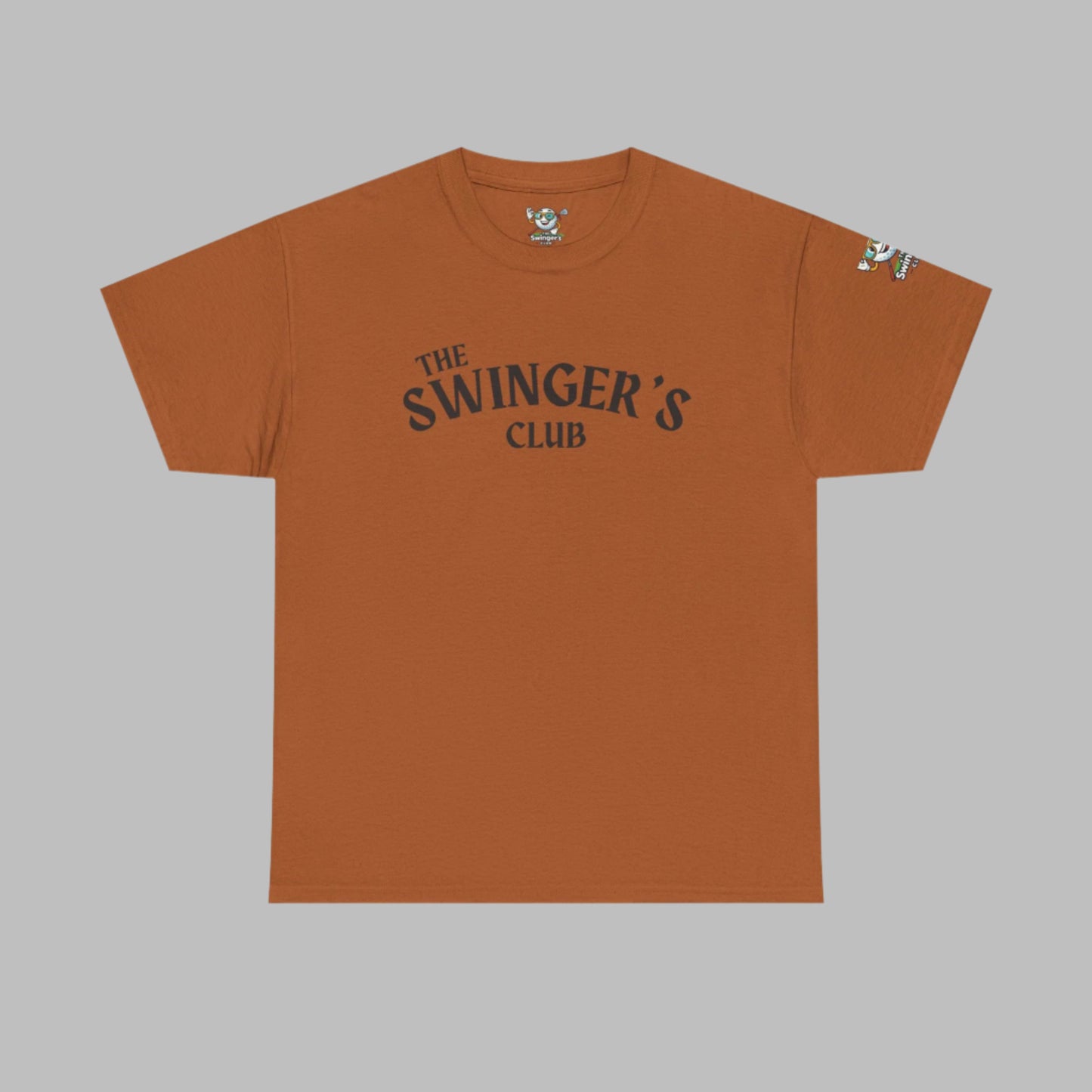 Brunt Orange t-shirt with 'The Swinger's Club' text on a white background