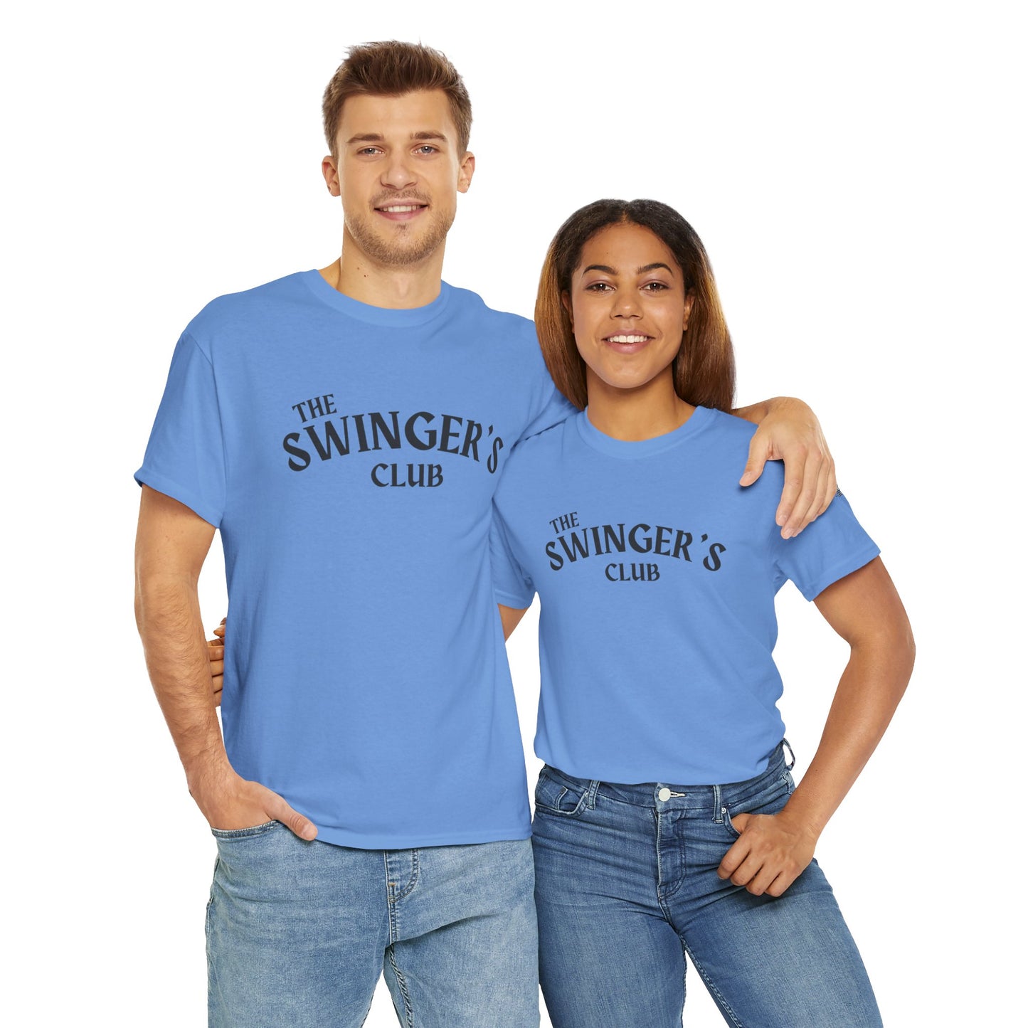 Two people wearing blue 'The Swinger's Club' t-shirts on a white background