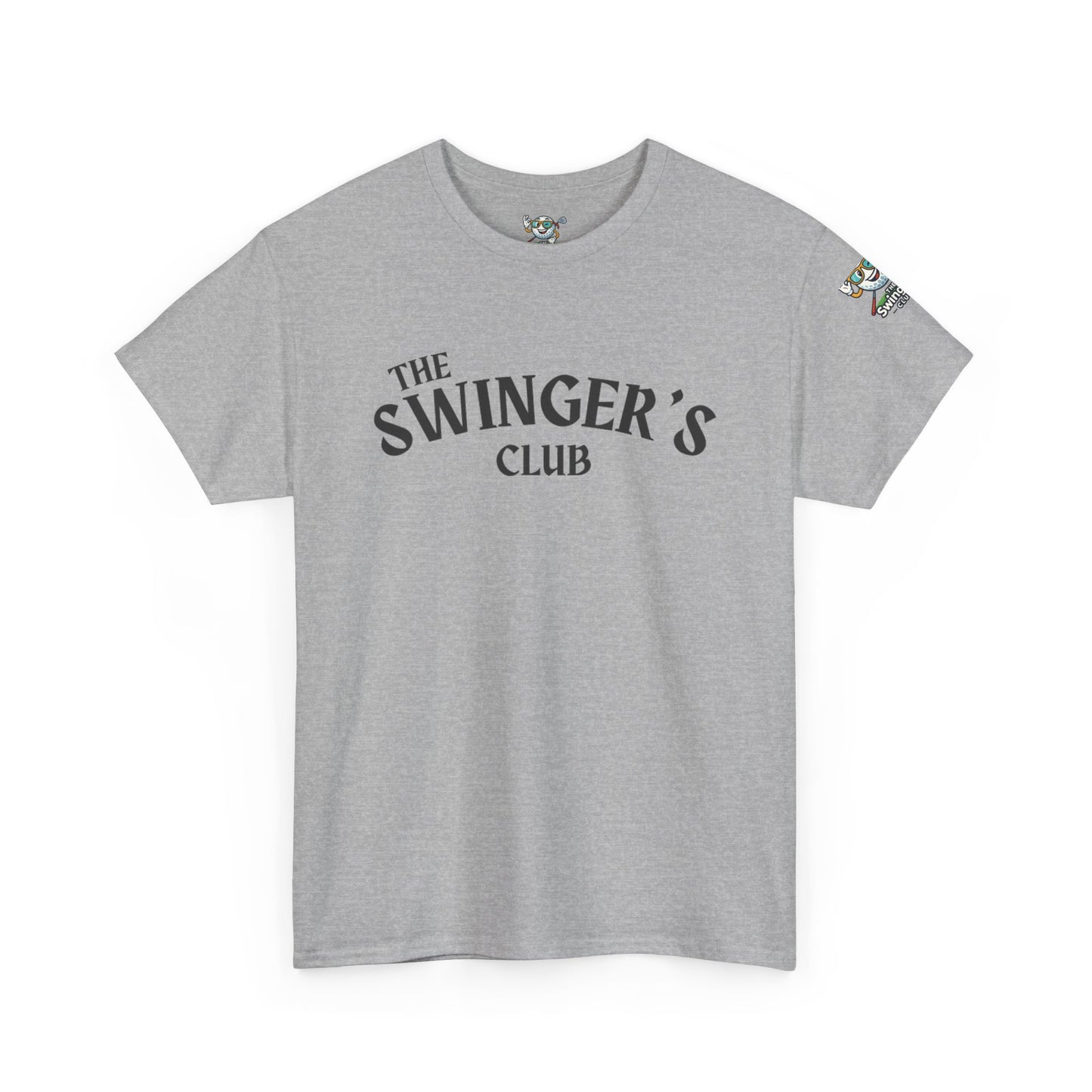 Gray t-shirt with 'The Swinger's Club' text on a white background