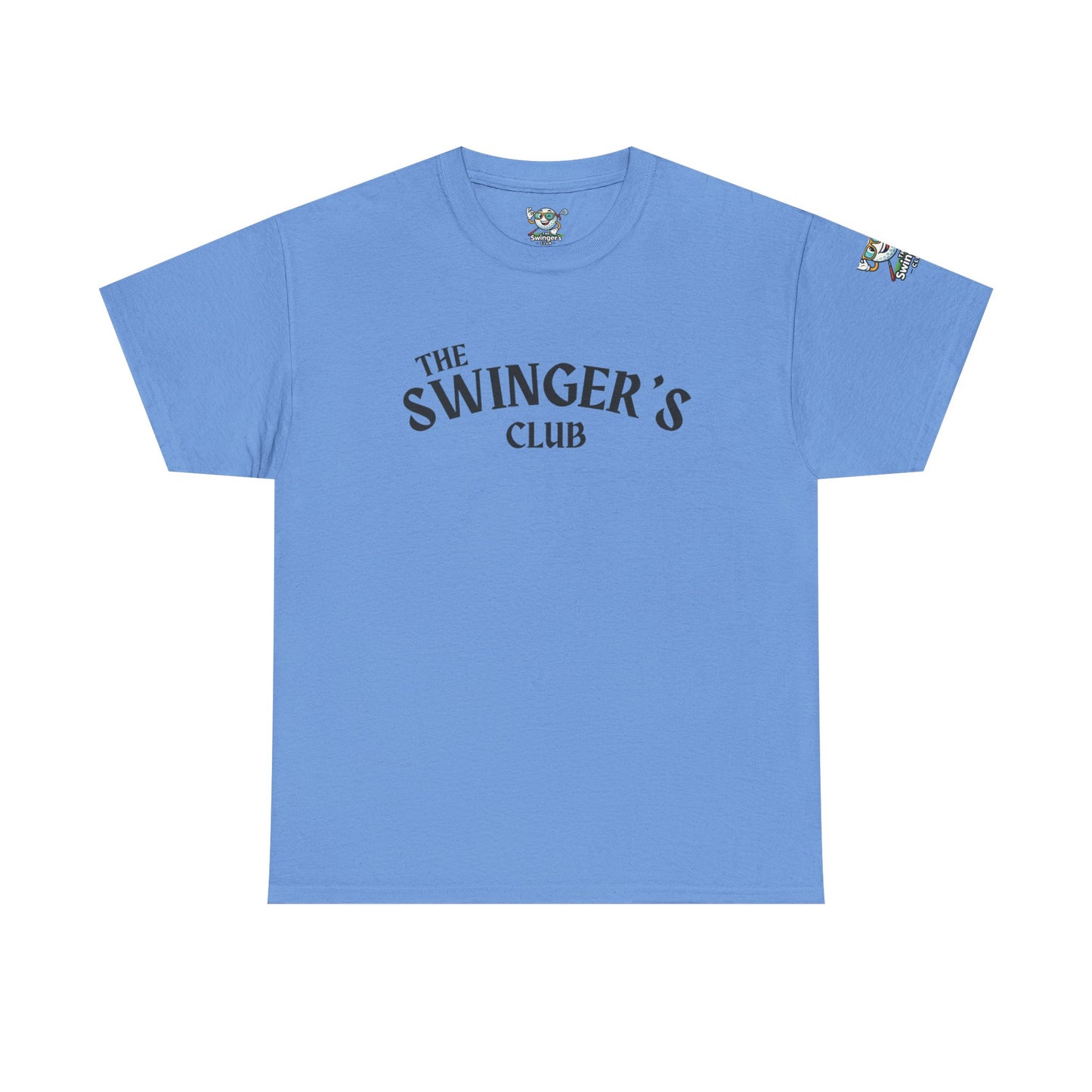 Light blue t-shirt with 'The Swinger's Club' text on a white background