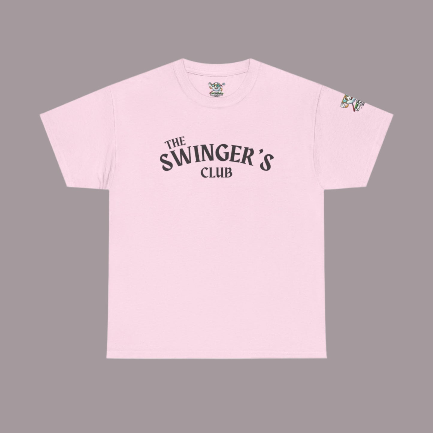 Pink t-shirt with 'The Swinger's Club' text on a gray background
