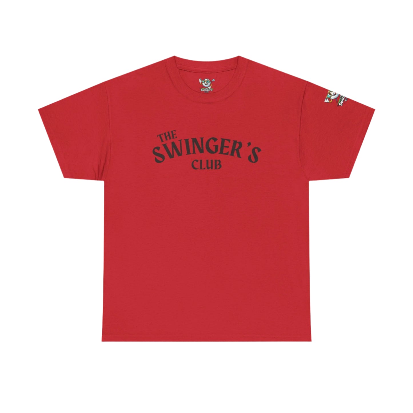 Red t-shirt with 'The Swinger's Club' text on a white background