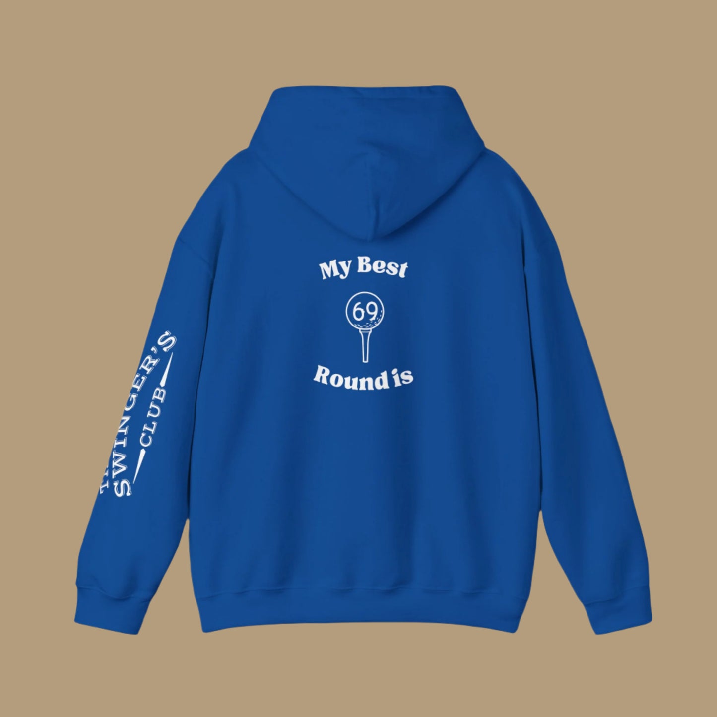 Blue hoodie back with text "My Best Round is then a graphic of a golf ball on a tee and inside the ball is has the number 69.
