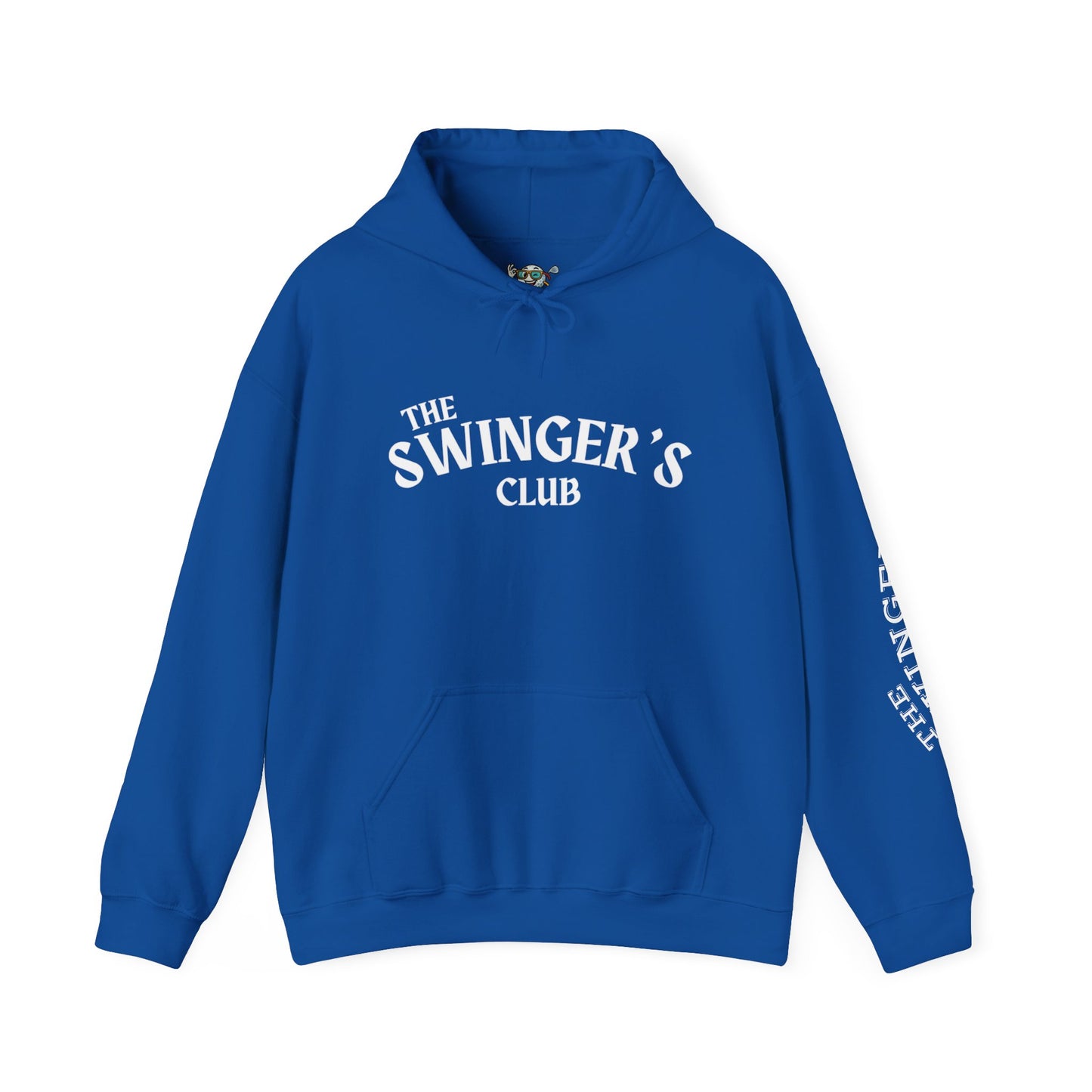 Blue, "The Swinger's Club" hoodie front with the text on the front with a white background