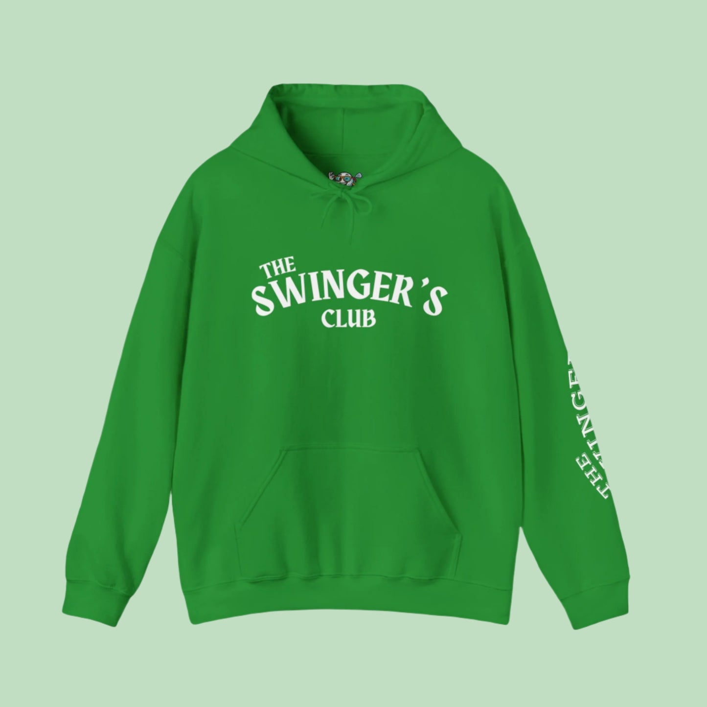 Green, "The Swinger's Club" hoodie front with the text on the front with a light green background