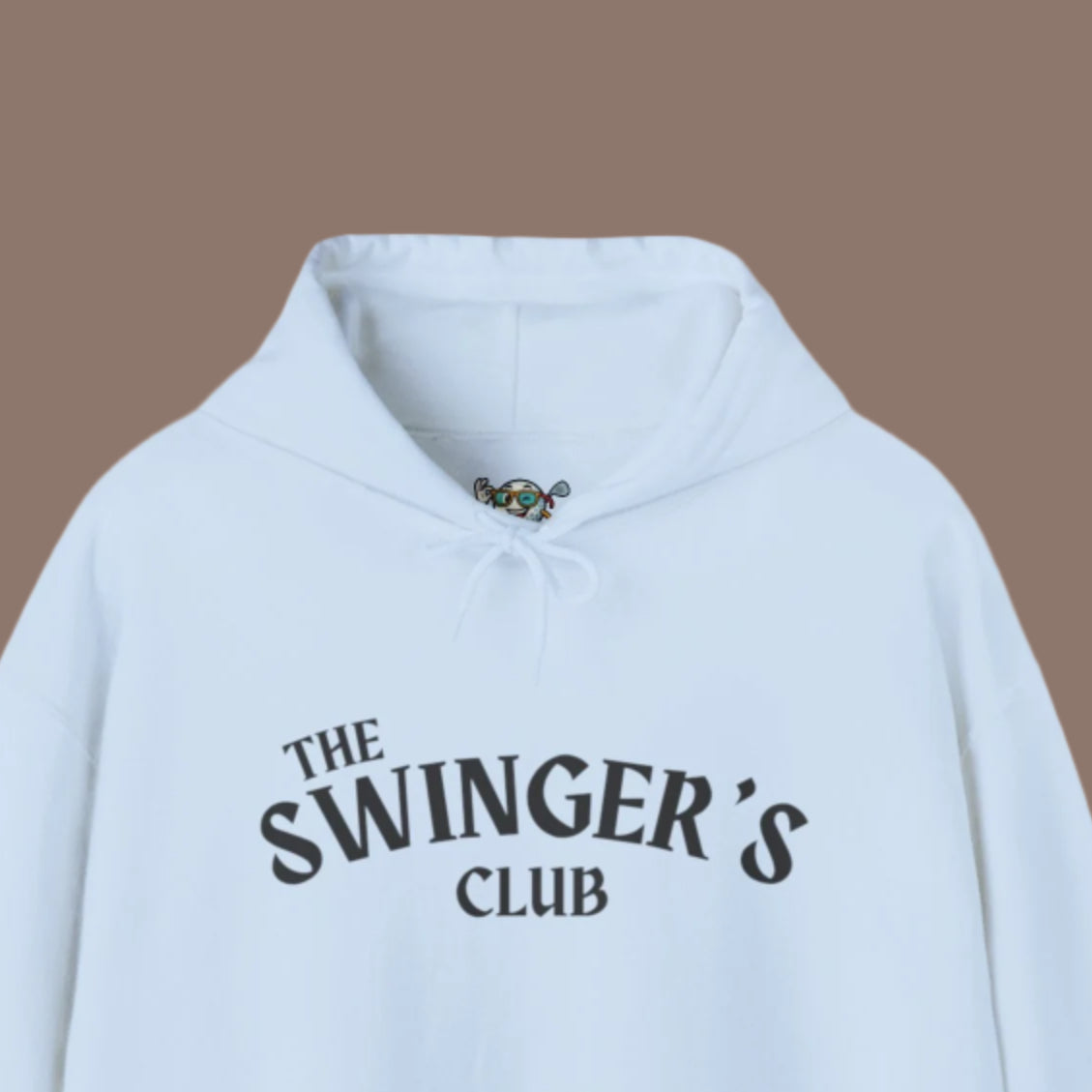 Light Blue, "The Swinger's Club" hoodie front with the text on the front with a light brown background