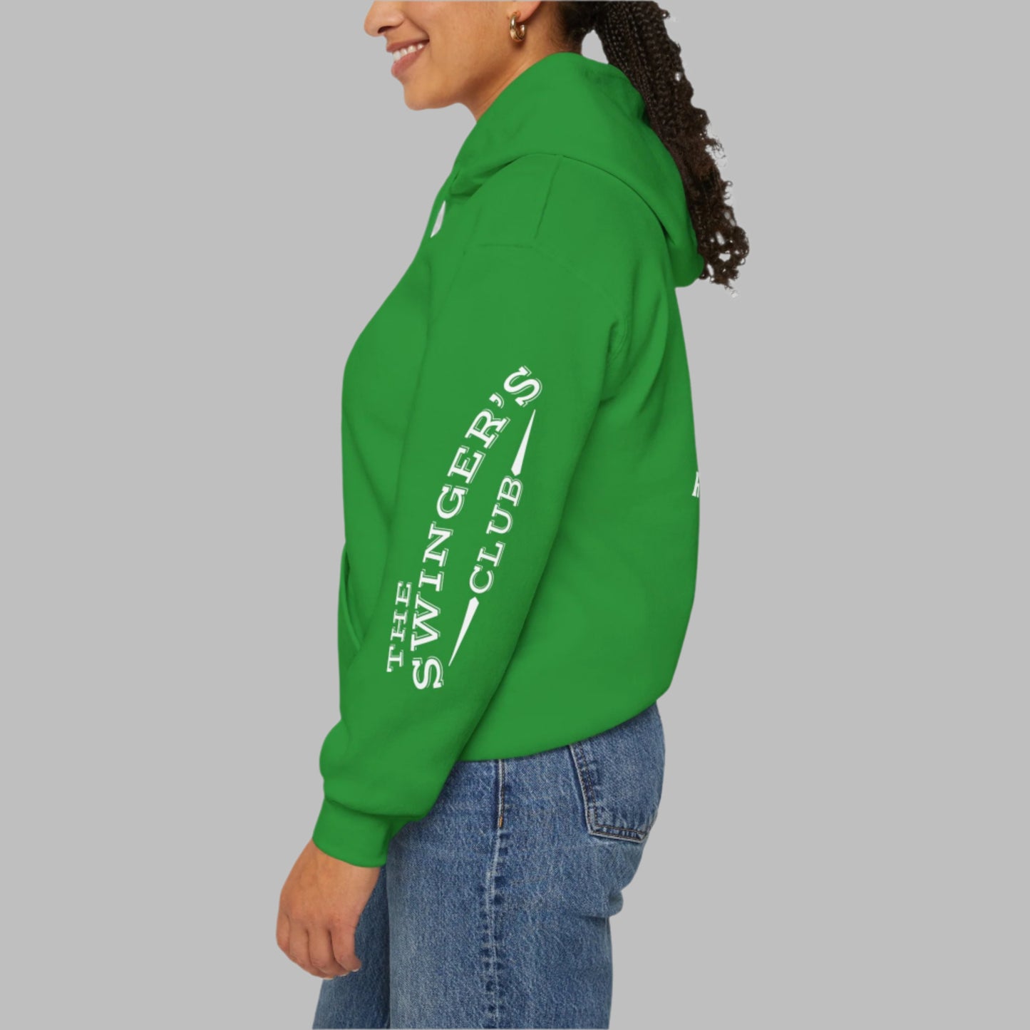 Green hoodie with 'The Swinger's Club' text on the left sleeve on a white background
