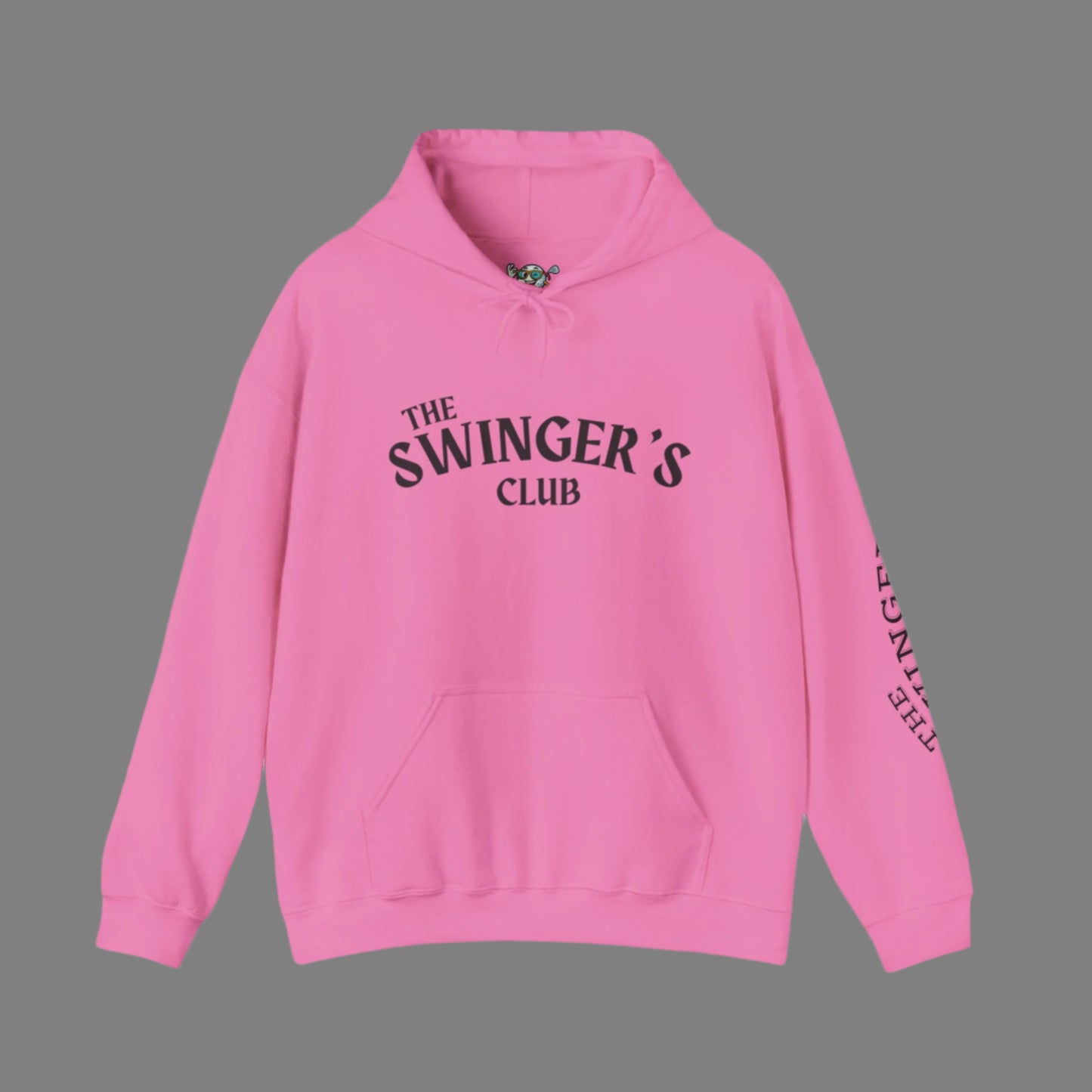 Pink, "The Swinger's Club" hoodie front with the text on the front with a gray background
