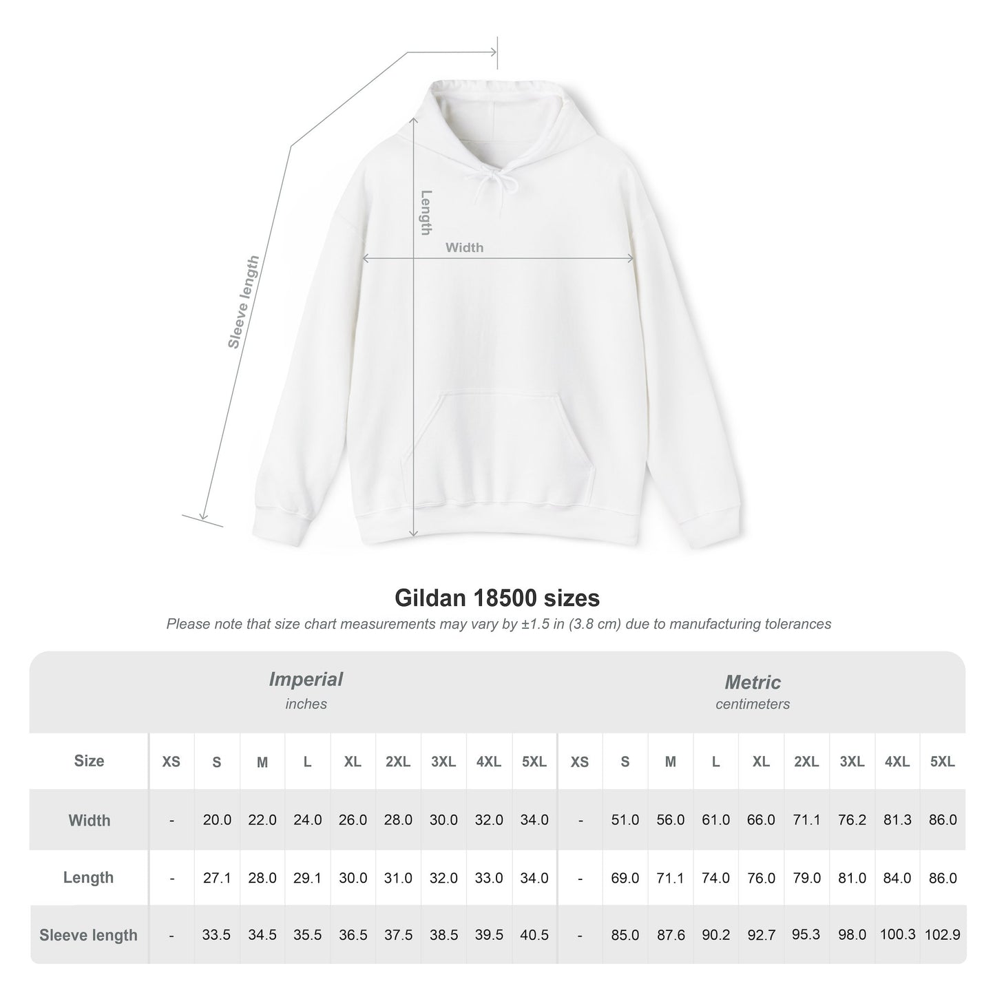 Gildan Size Chart to verify fit of hoodie