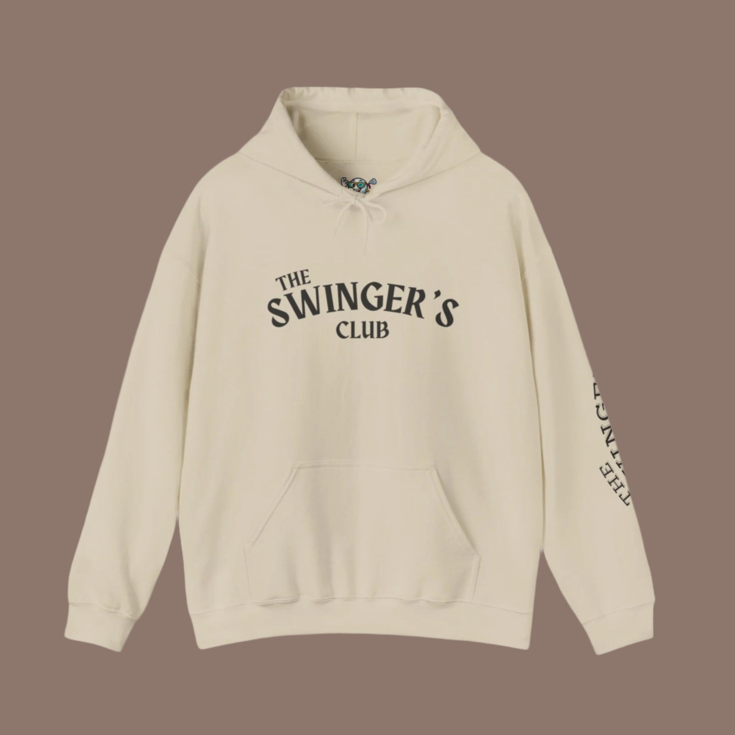 Beige, "The Swinger's Club" hoodie front with the text on the front with a brown background