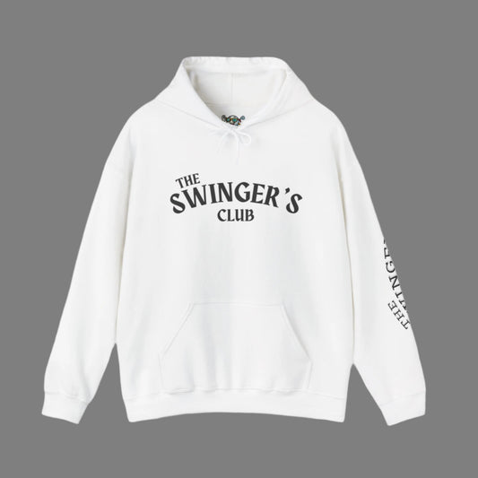 White, "The Swinger's Club" hoodie front with the text on the front with a gray background