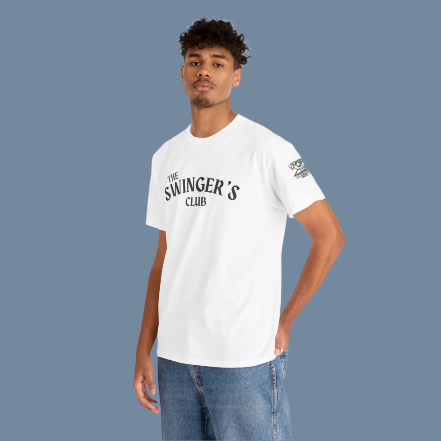 Person wearing a white t-shirt with 'The Swinger's Club' text on a blue background