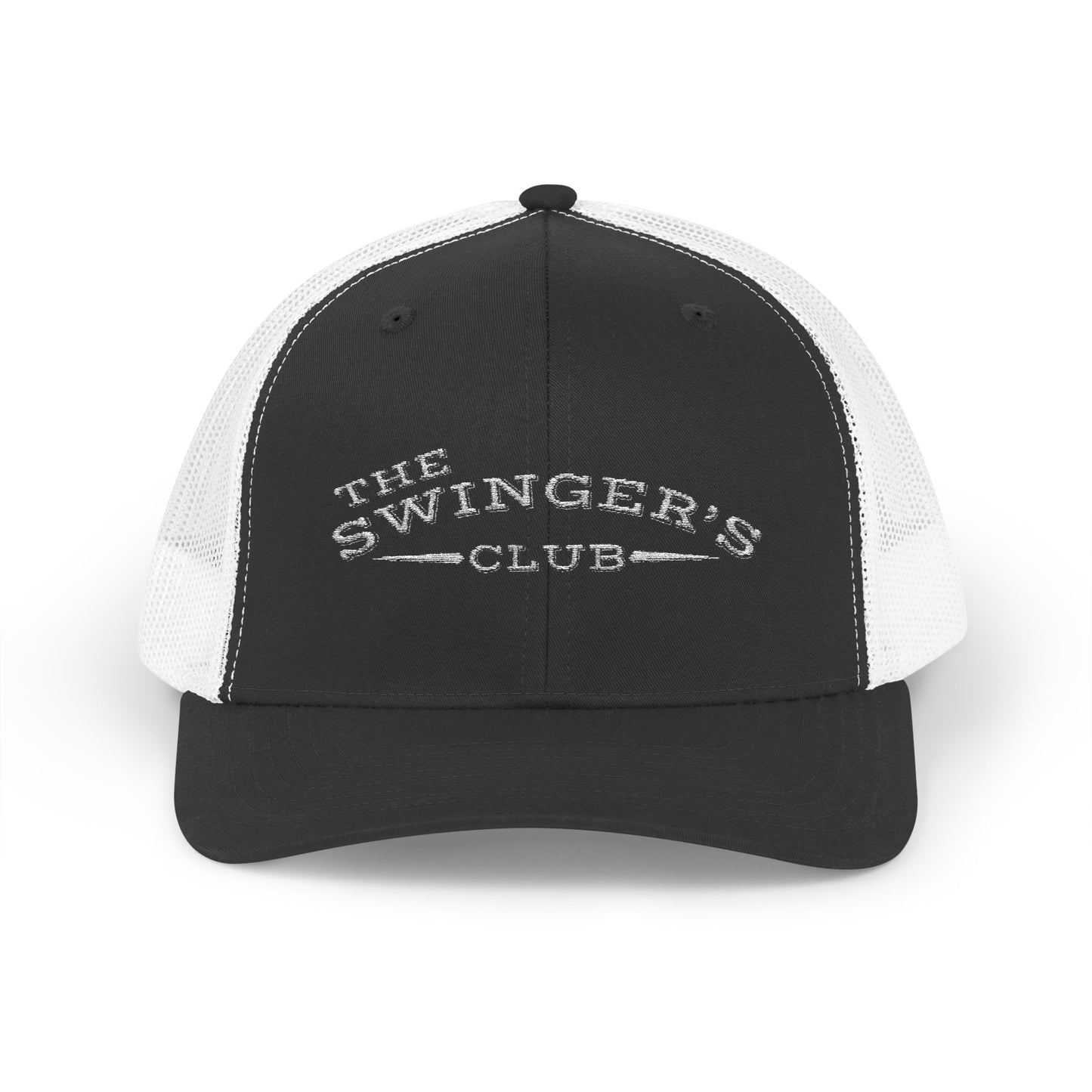 Black and white cap with 'The Swinger's Club' text on a white background