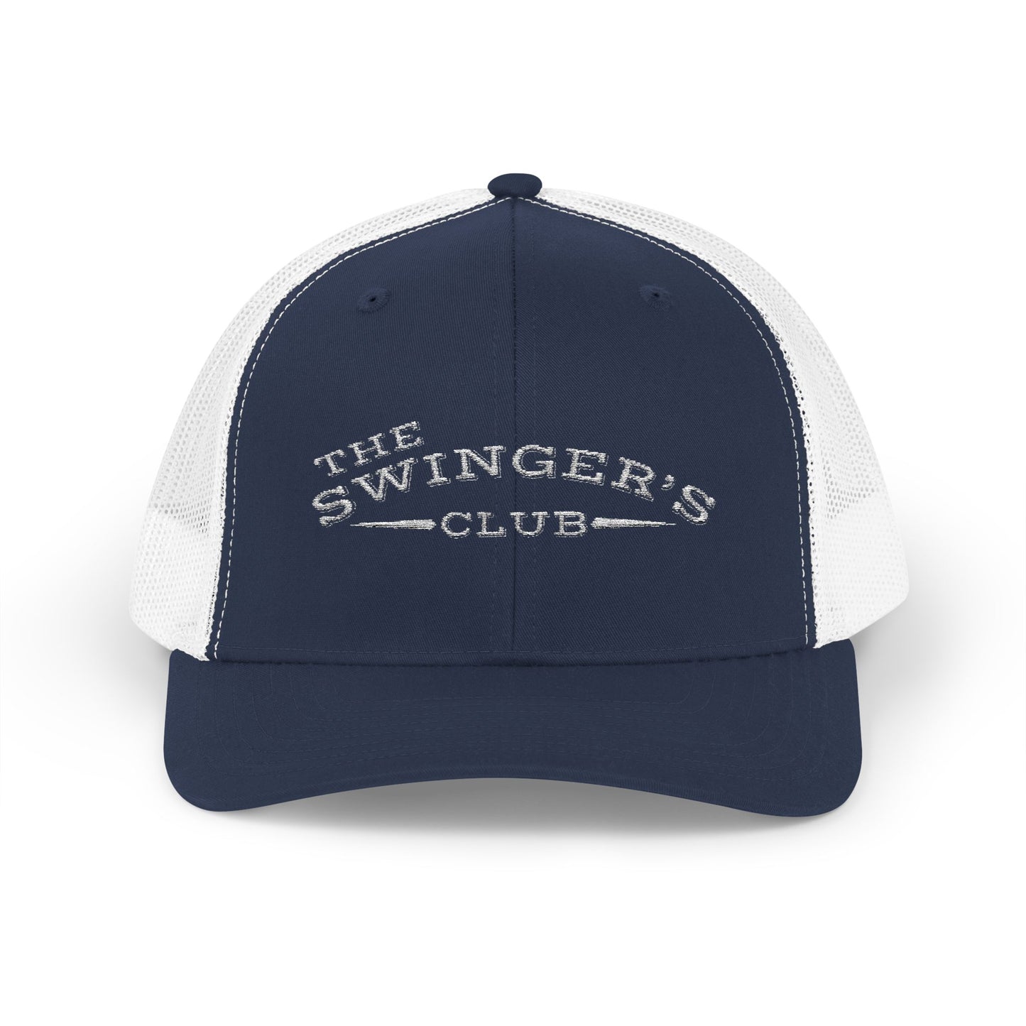 Navy and white cap with 'The Swinger's Club' text on a white background