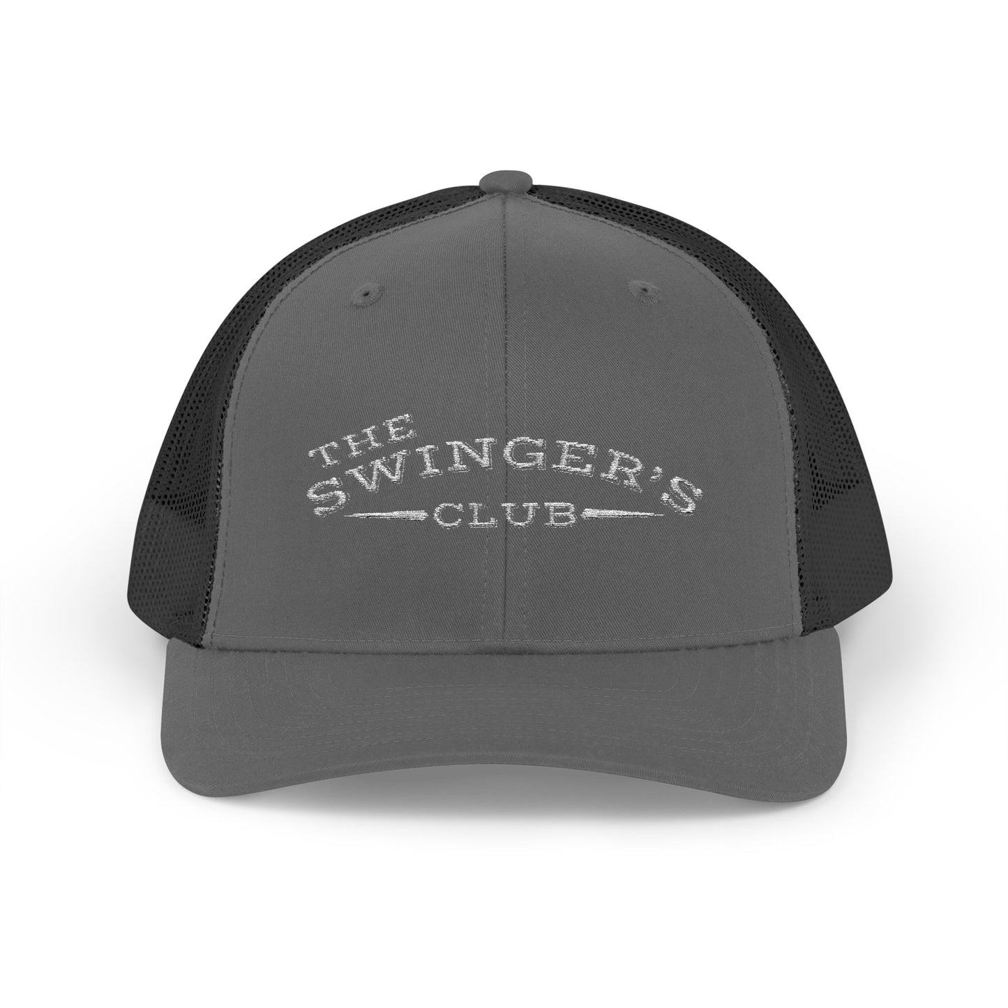 Gray and black cap with 'The Swinger's Club' text on a white background