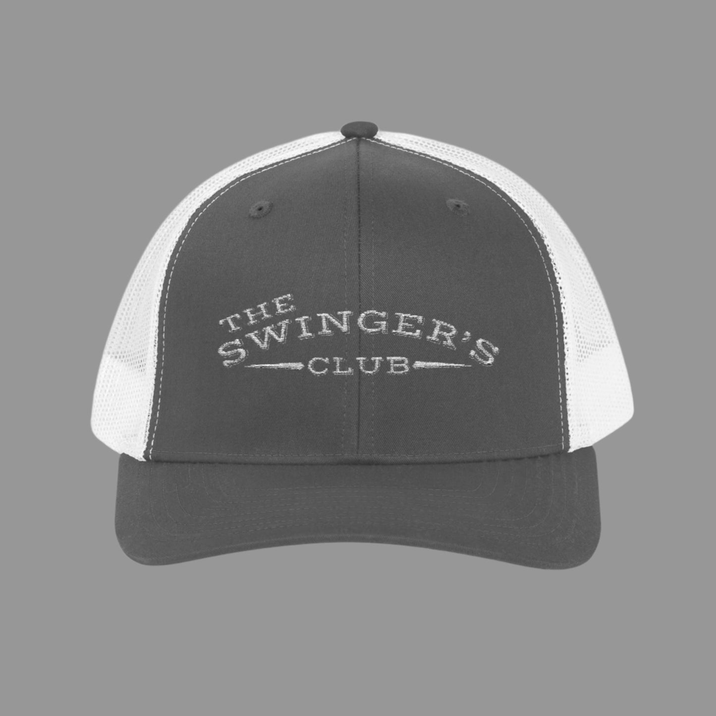 Trucker hat with 'The Swinger's Club' text on a gray background