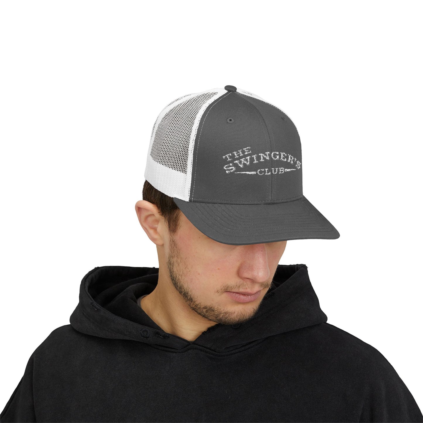 Man wearing a gray and white cap with 'The Swinger's Club' logo on a white background