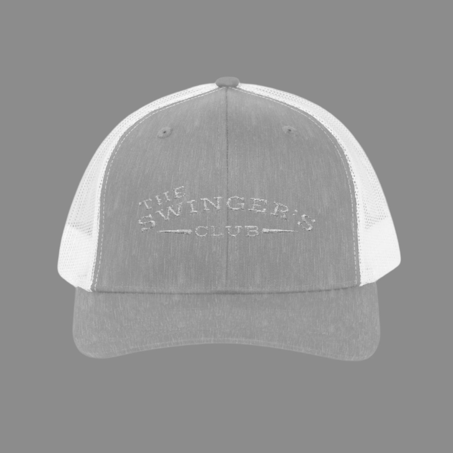 Gray and white cap with 'The Swinger's Club' text on a dark gray background