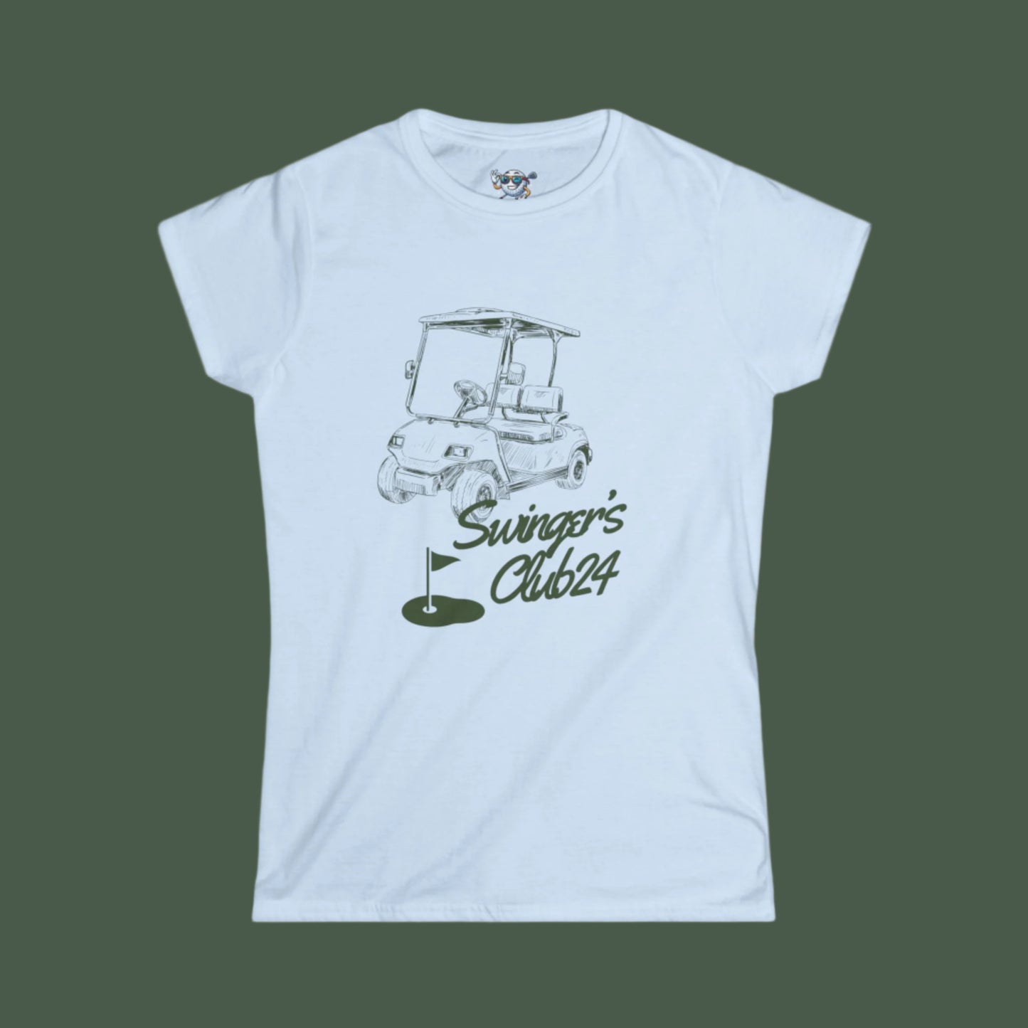 Light blue t-shirt with a graphic of a golf cart and 'Swinger's Club 24' text on a green background