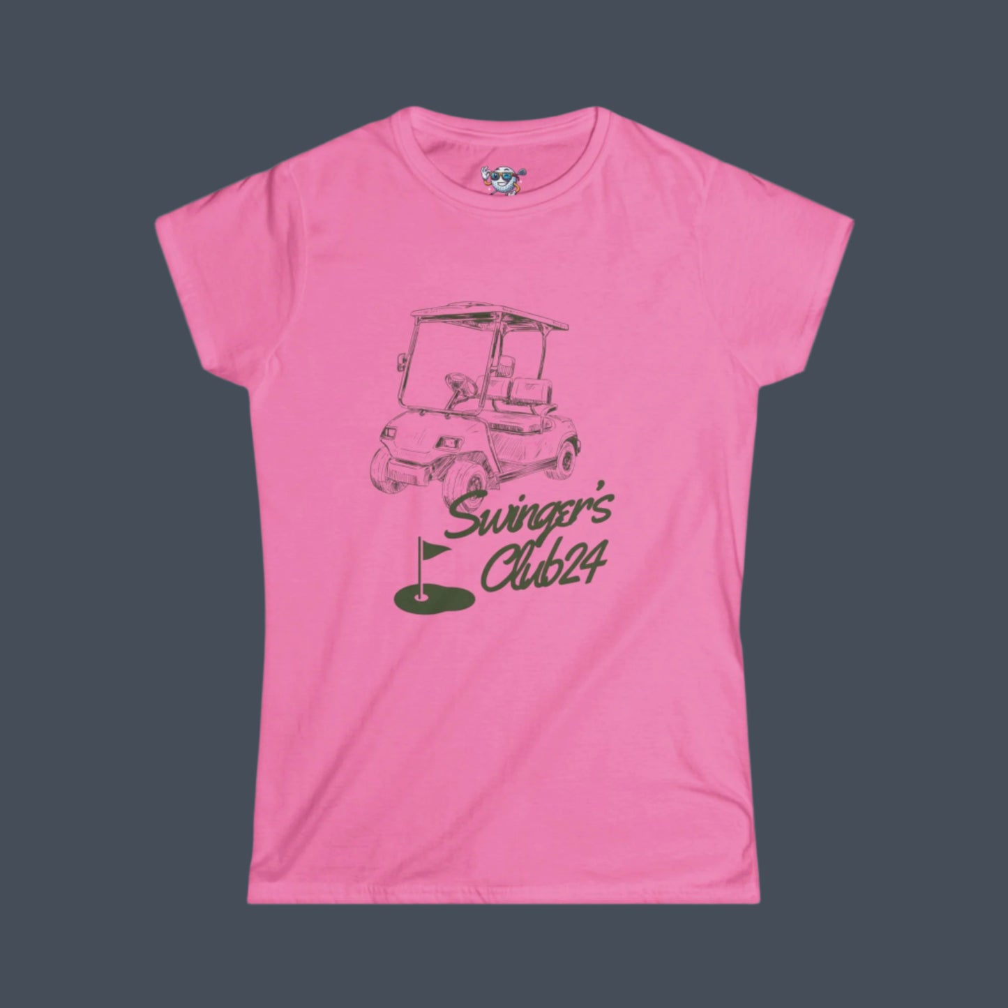 Pink t-shirt with golf cart graphic and 'Swinger's Club 24' text on a gray background