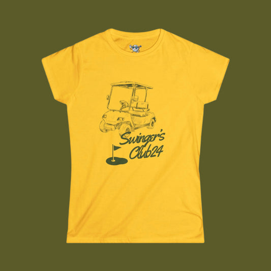 Yellow t-shirt with a graphic of a golf cart and text on a light green background