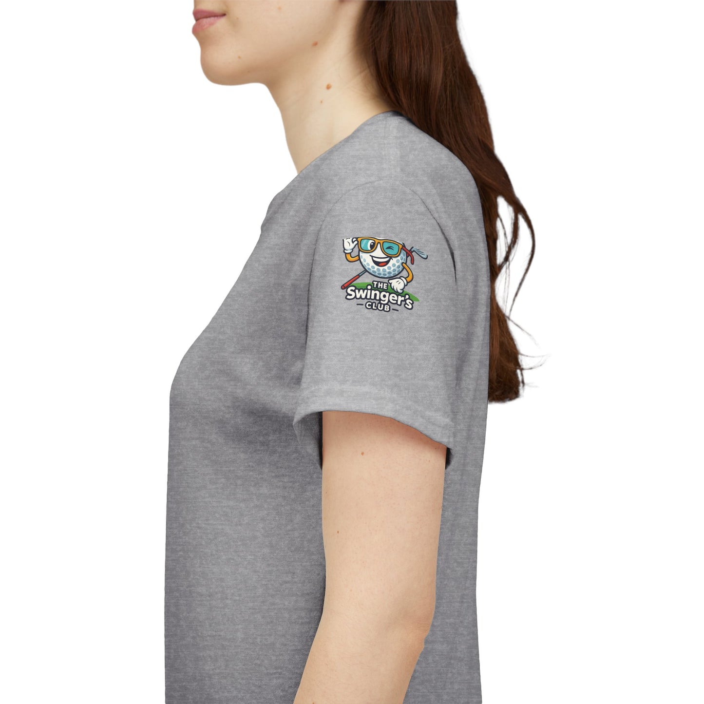 Person wearing a gray t-shirt with a logo on the sleeve against a white background