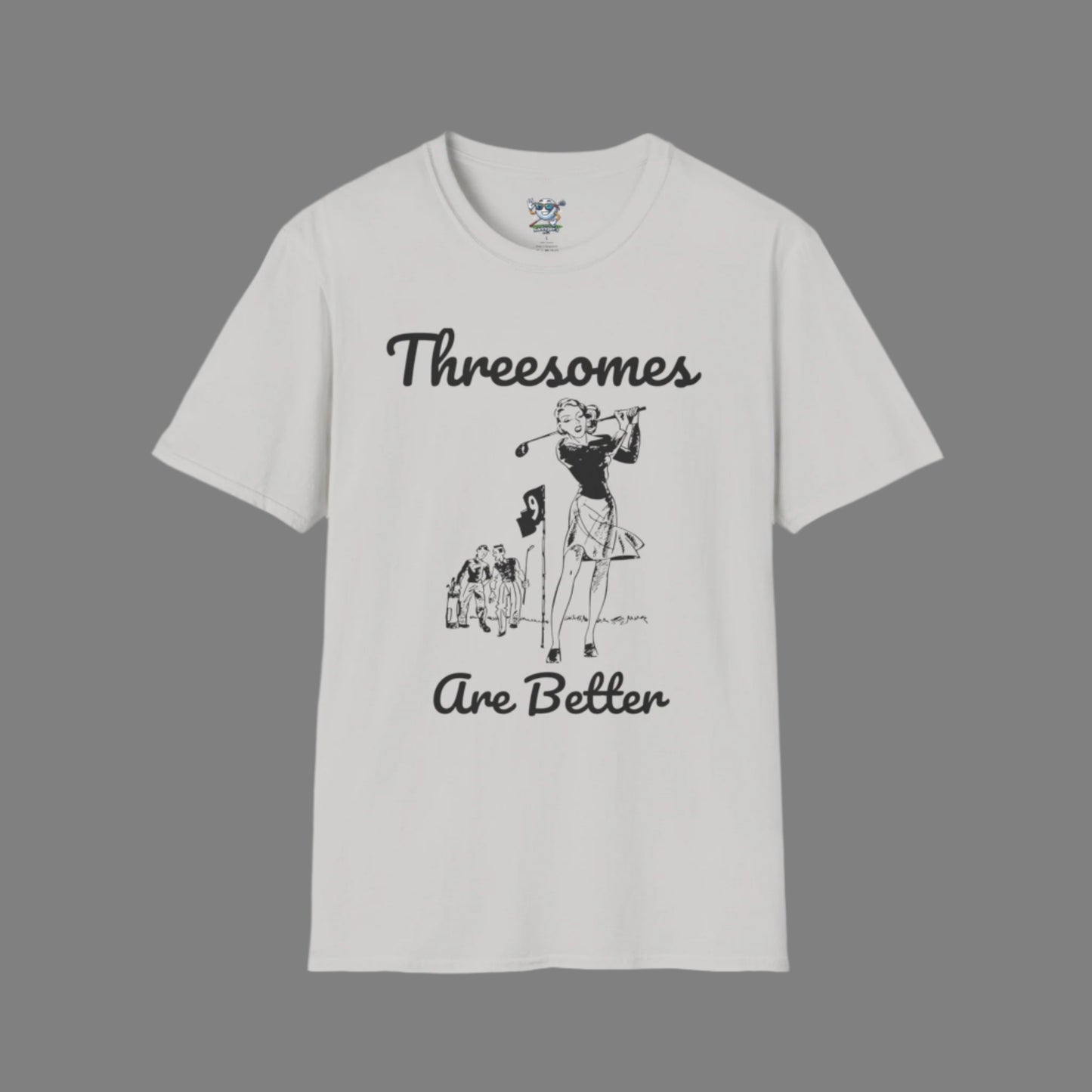 Gray "Threesomes are Better" golf shirt with graphic of three golfers and the text above and below the graphic with a dark gray background