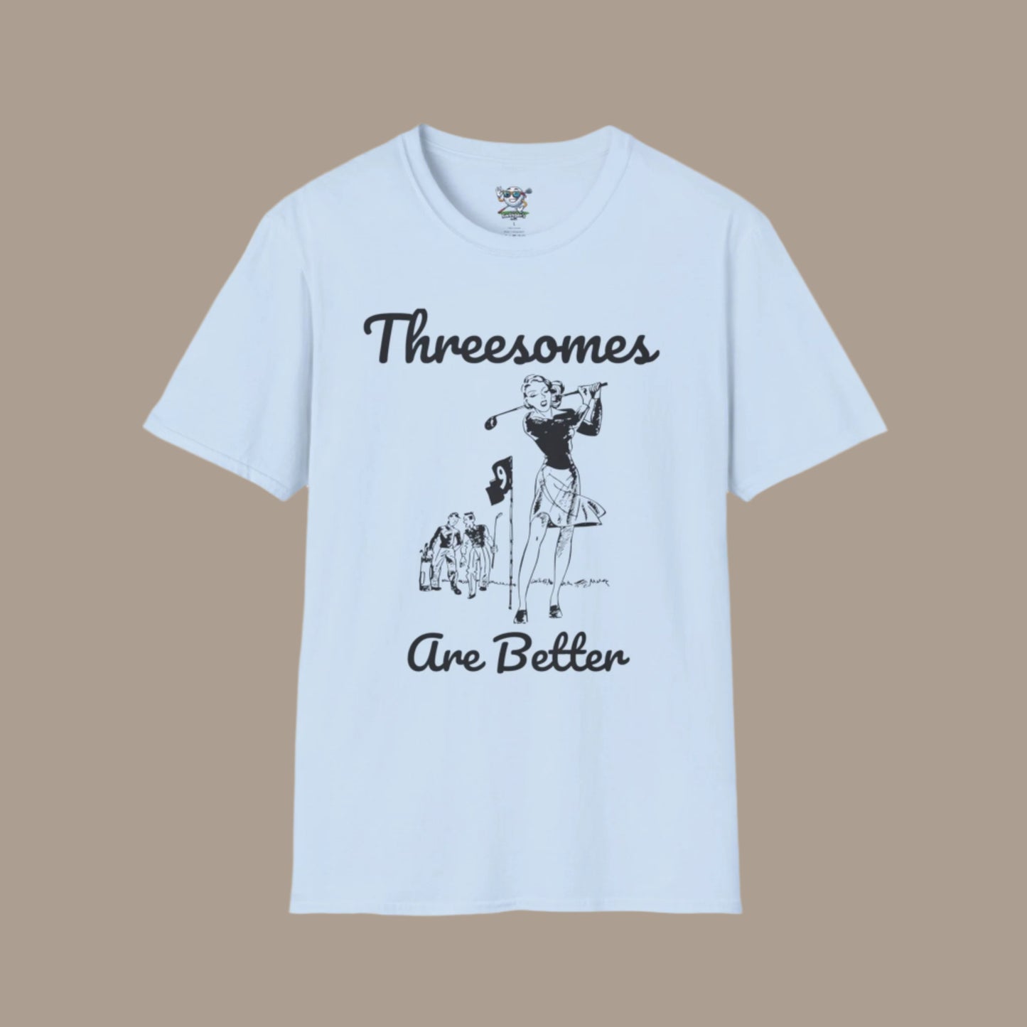 Light Blue "Threesomes are Better" golf shirt with graphic of three golfers and the text above and below the graphic with a tan background
