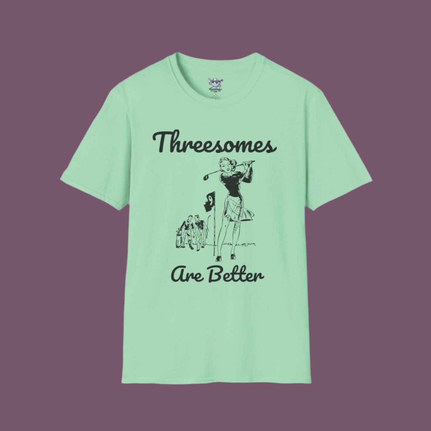 Mint Green "Threesomes are Better" golf shirt with graphic of three golfers and the text above and below the graphic with a purple background