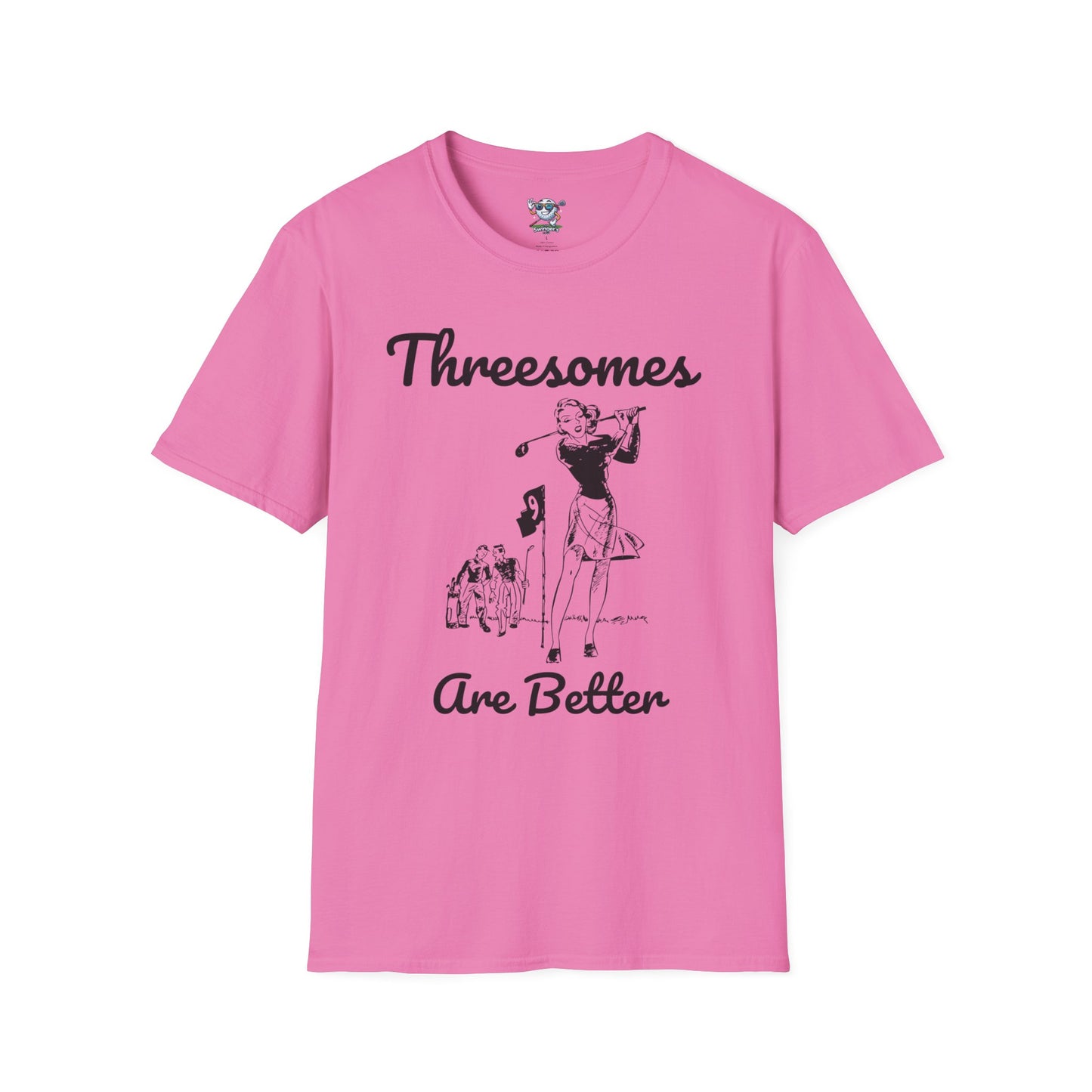 Pink "Threesomes are Better" golf shirt with graphic of three golfers and the text above and below the graphic with a white background