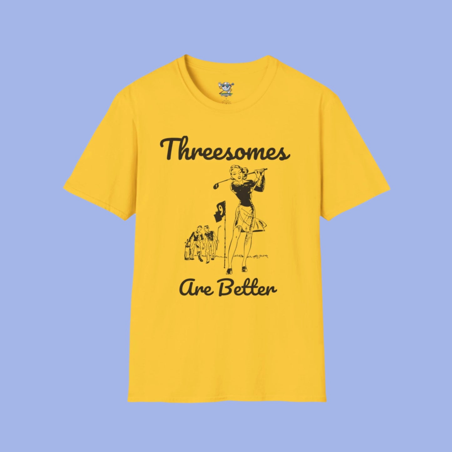 Yellow "Threesomes are Better" golf shirt with graphic of three golfers and the text above and below the graphic with a light blue background