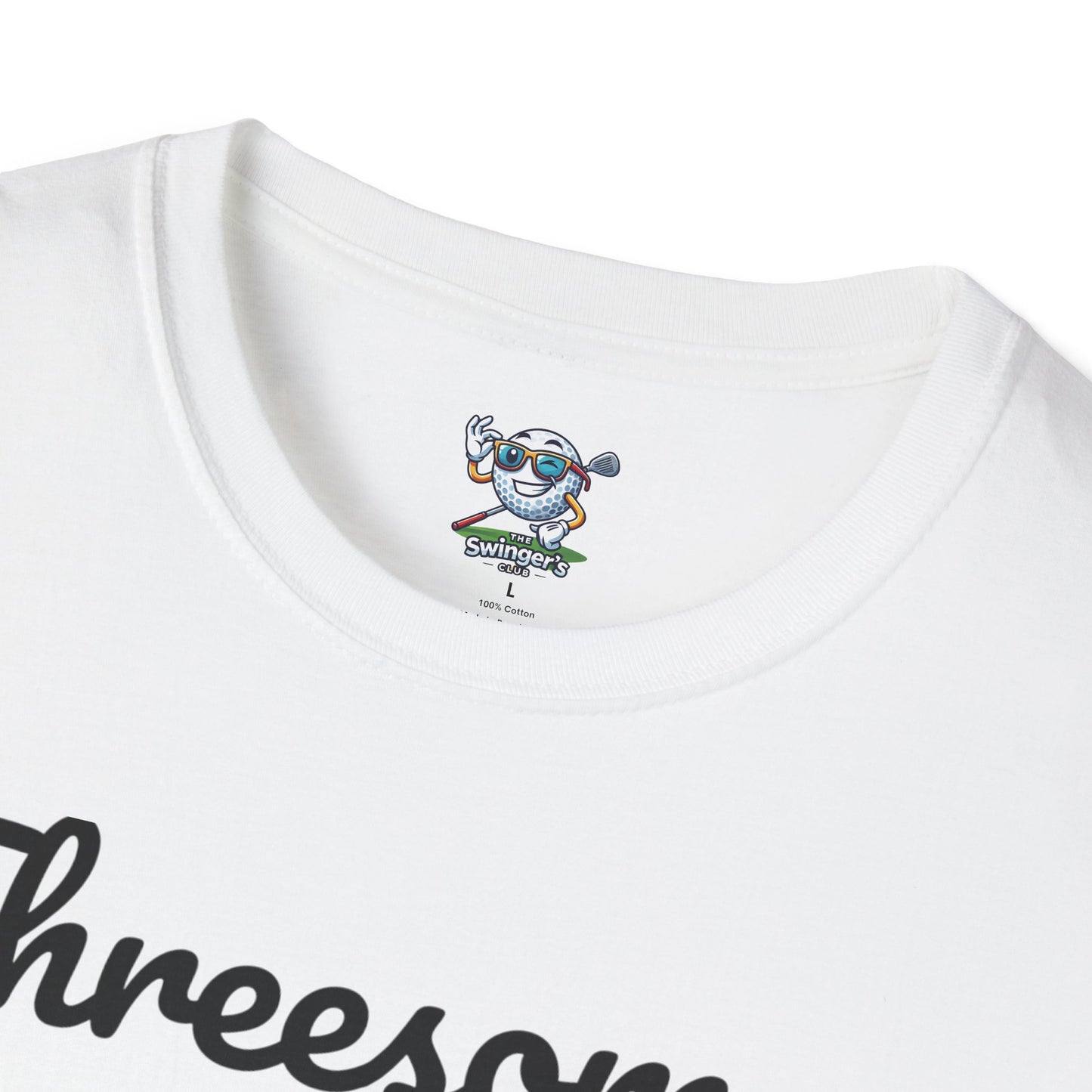 White t-shirt with a graphic design and text on a white background